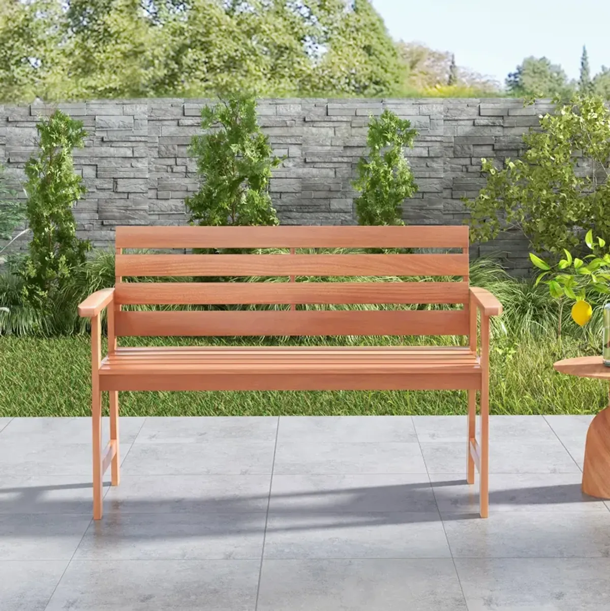 Patio Hardwood Bench Wood 2-Seat Chair with Breathable Slatted Seat & Inclined Backrest