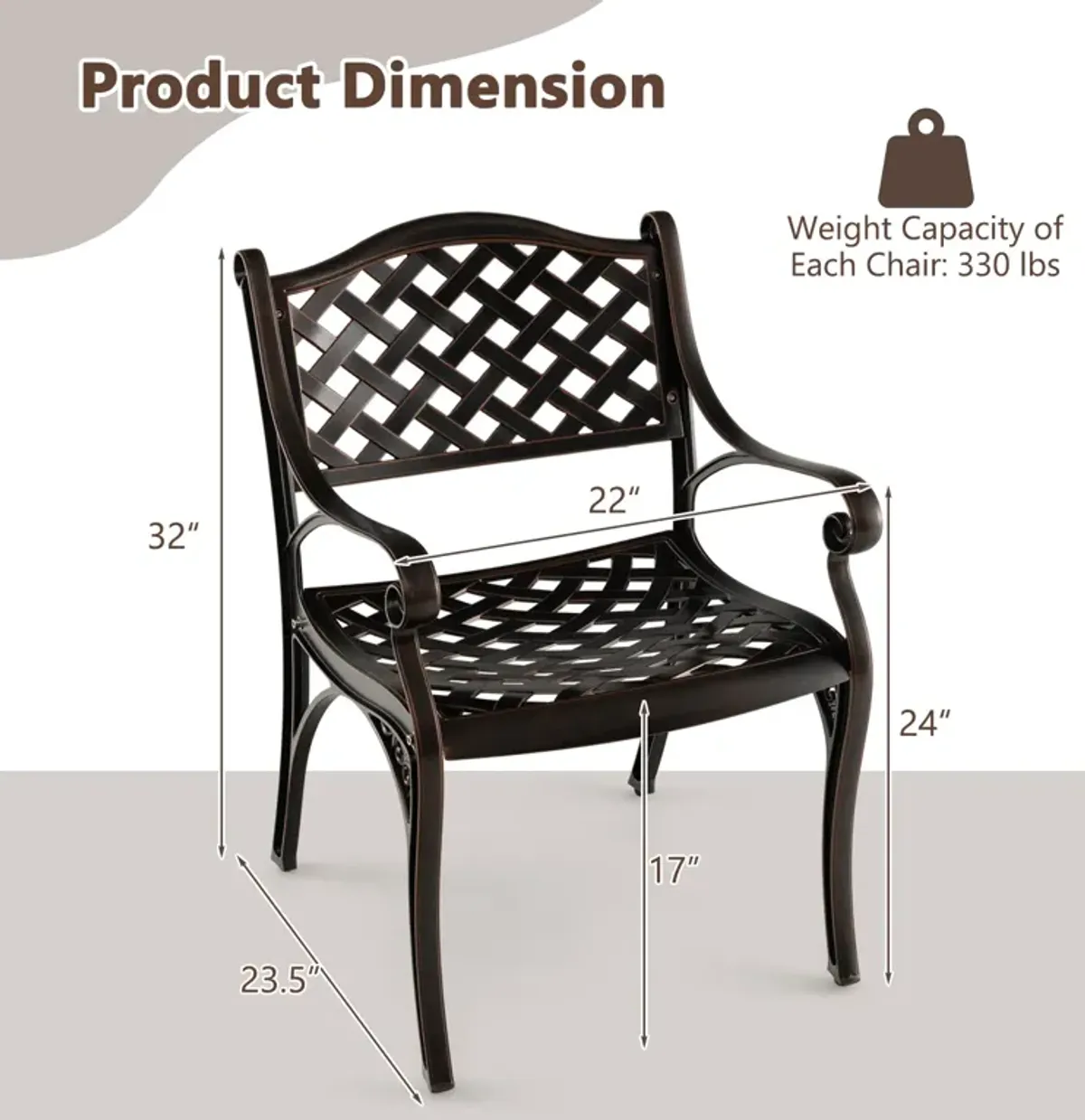 Cast Aluminum Patio Chairs Set of 2 Dining Chairs with Armrests Diamond Pattern