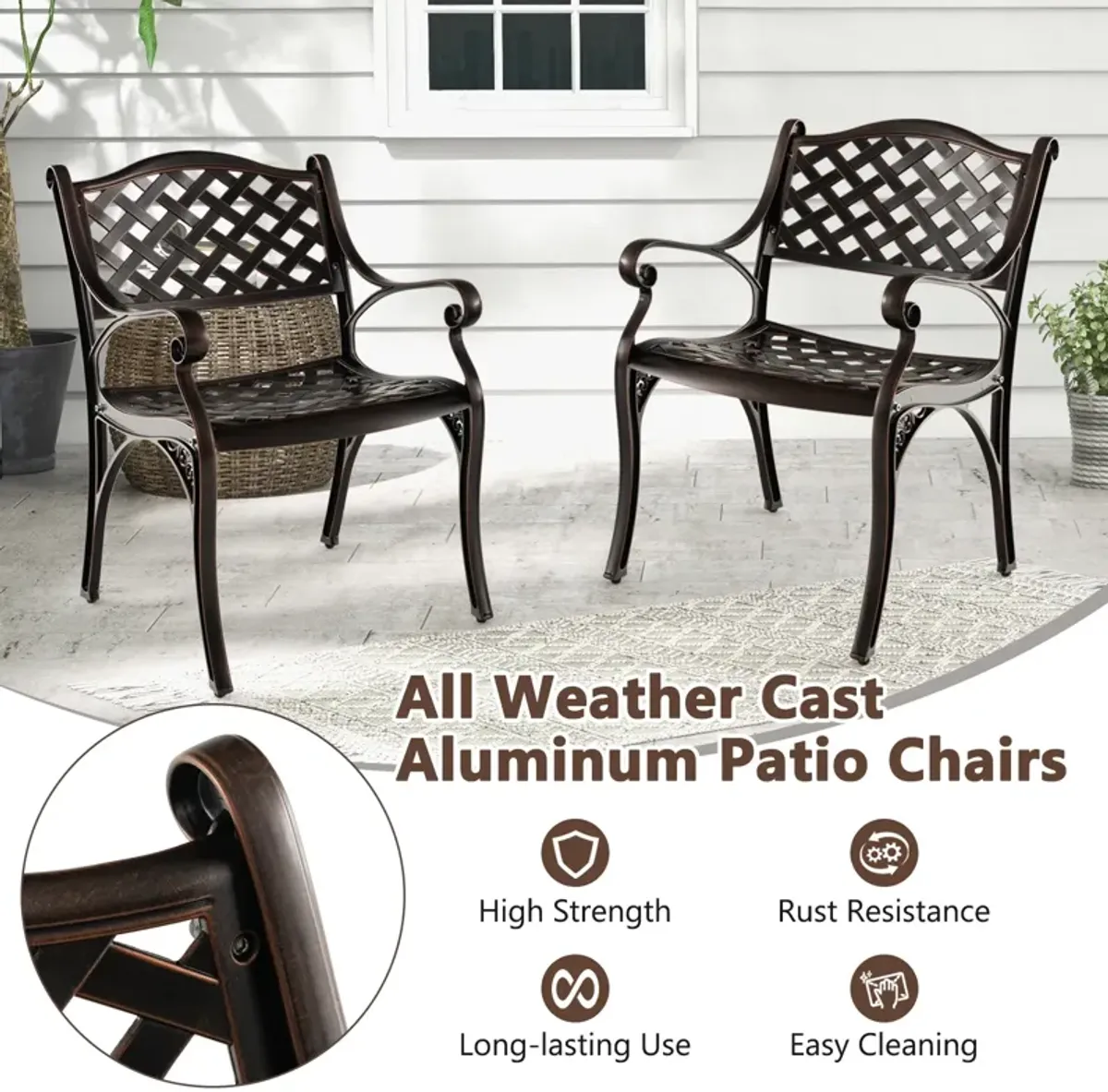 Cast Aluminum Patio Chairs Set of 2 Dining Chairs with Armrests Diamond Pattern