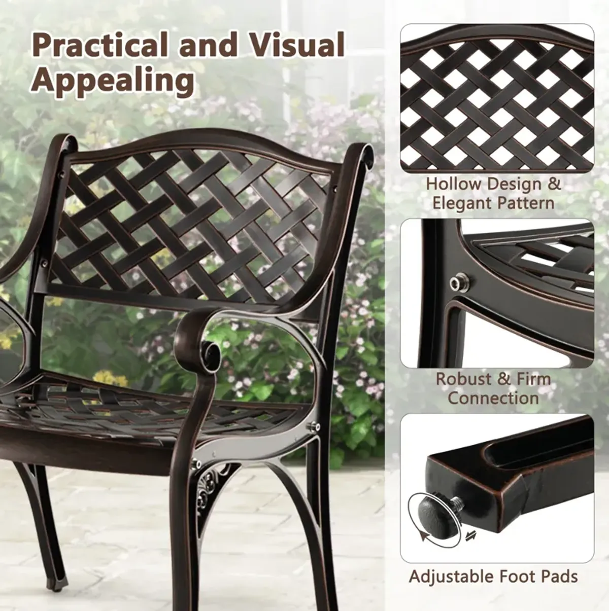 Cast Aluminum Patio Chairs Set of 2 Dining Chairs with Armrests Diamond Pattern