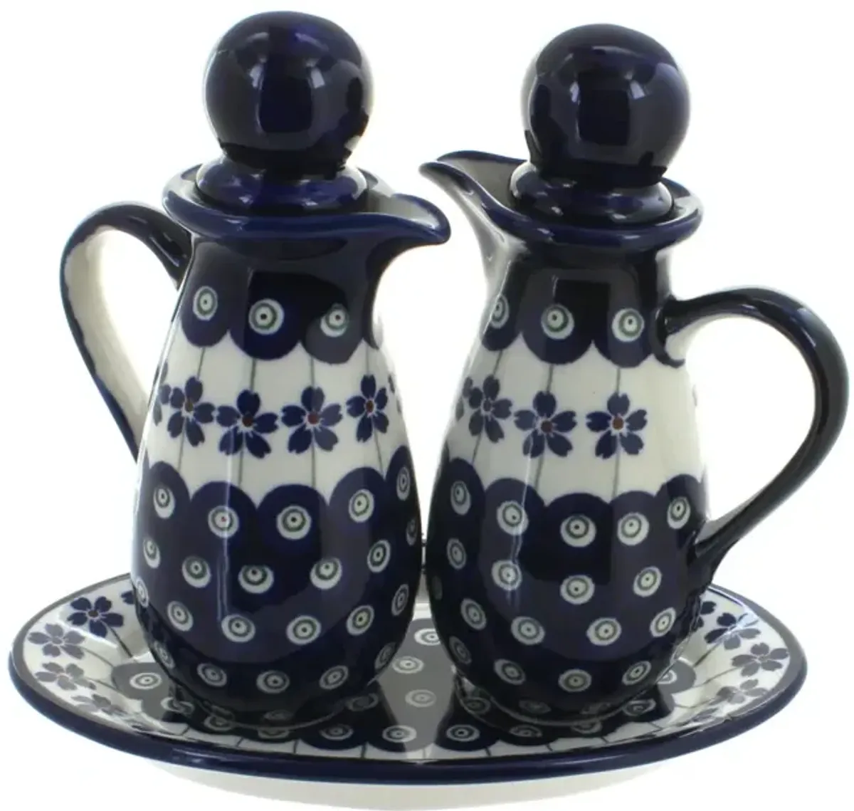 Blue Rose Polish Pottery Flowering Peacock Oil & Vinegar Set