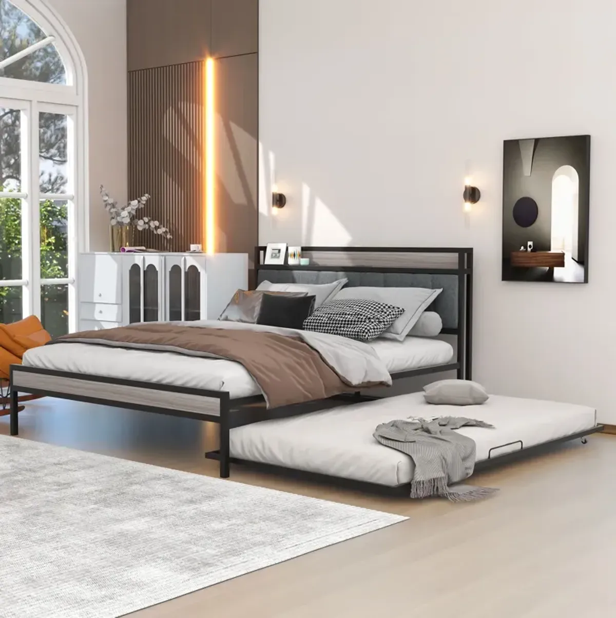 Merax Metal Platform Bed Frame with Trundle and USB Ports