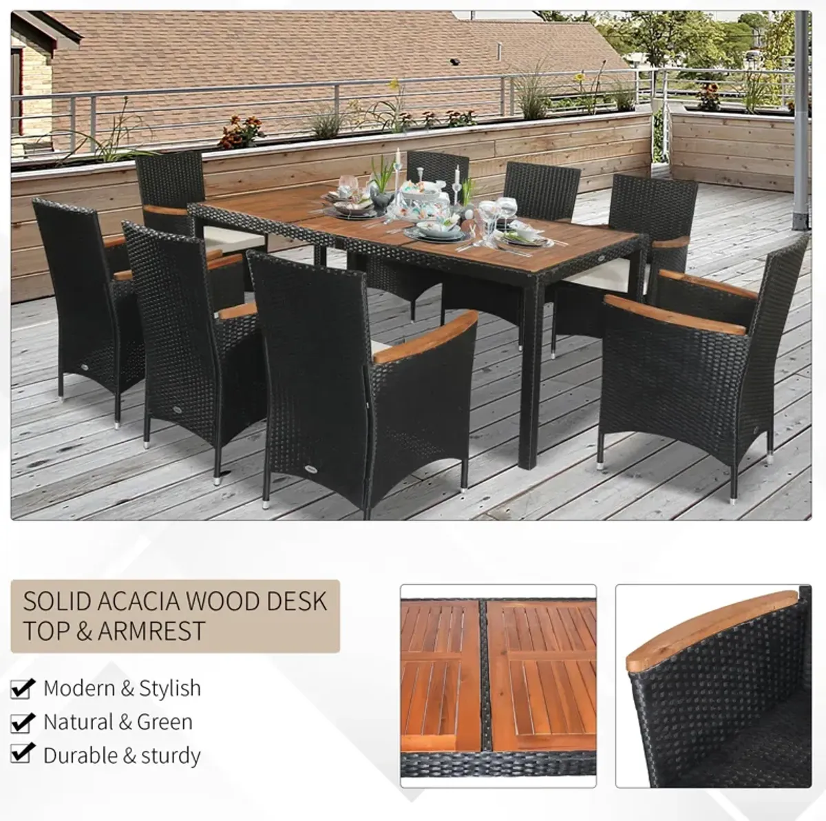 Outdoor Dining Luxury: 9PC Rattan & Acacia Set with Waterproof Cushions