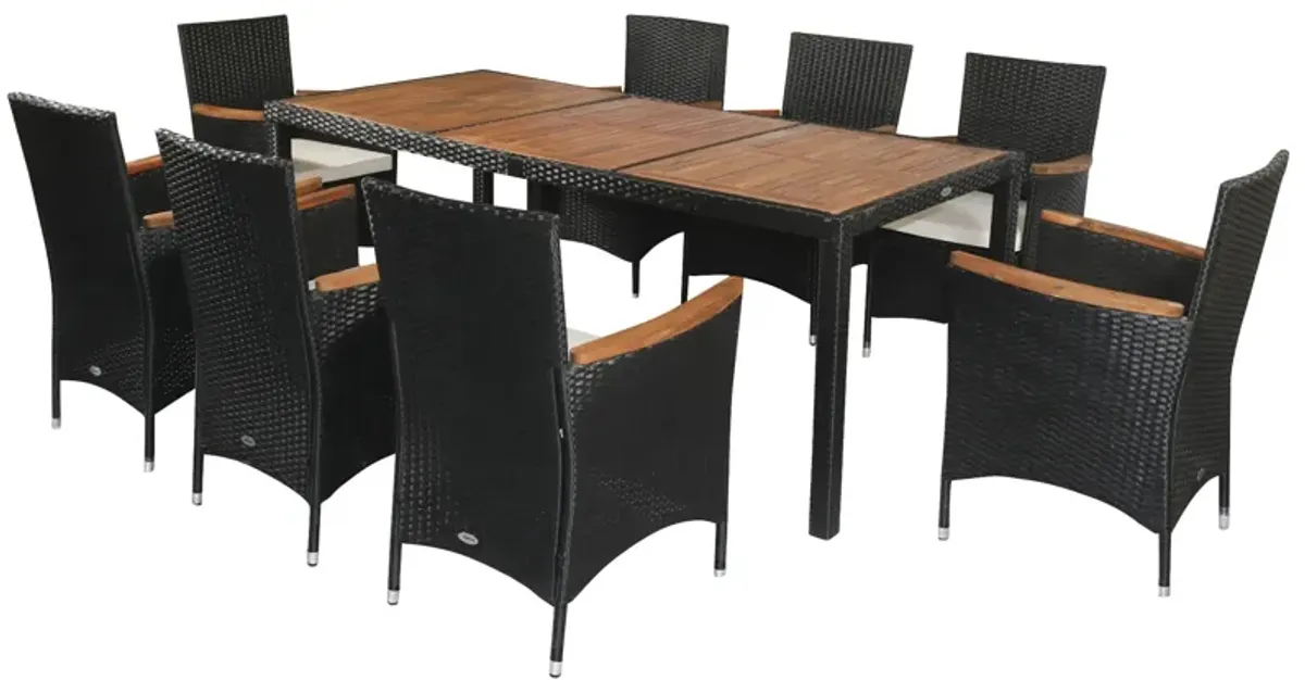 Outdoor Dining Luxury: 9PC Rattan & Acacia Set with Waterproof Cushions