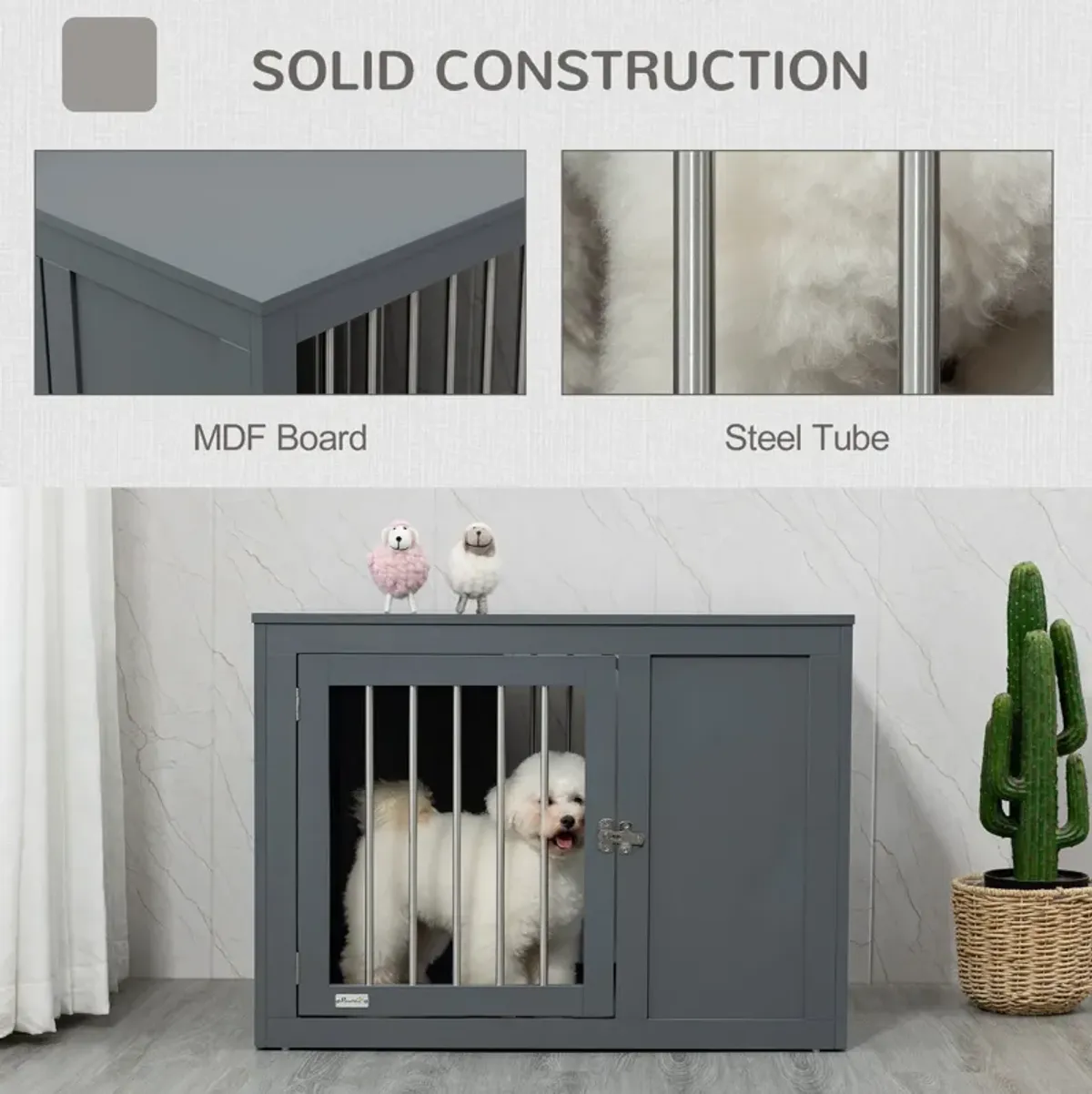 Gray Pet Furniture: Indoor Dog Crate End Table with Double Doors