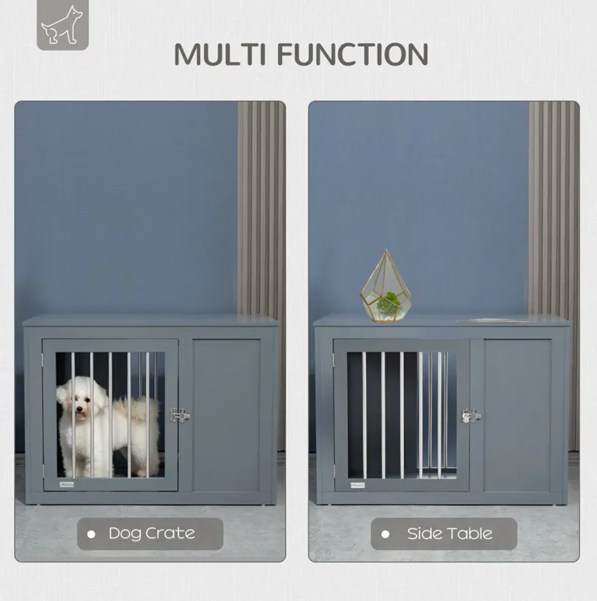 Gray Pet Furniture: Indoor Dog Crate End Table with Double Doors