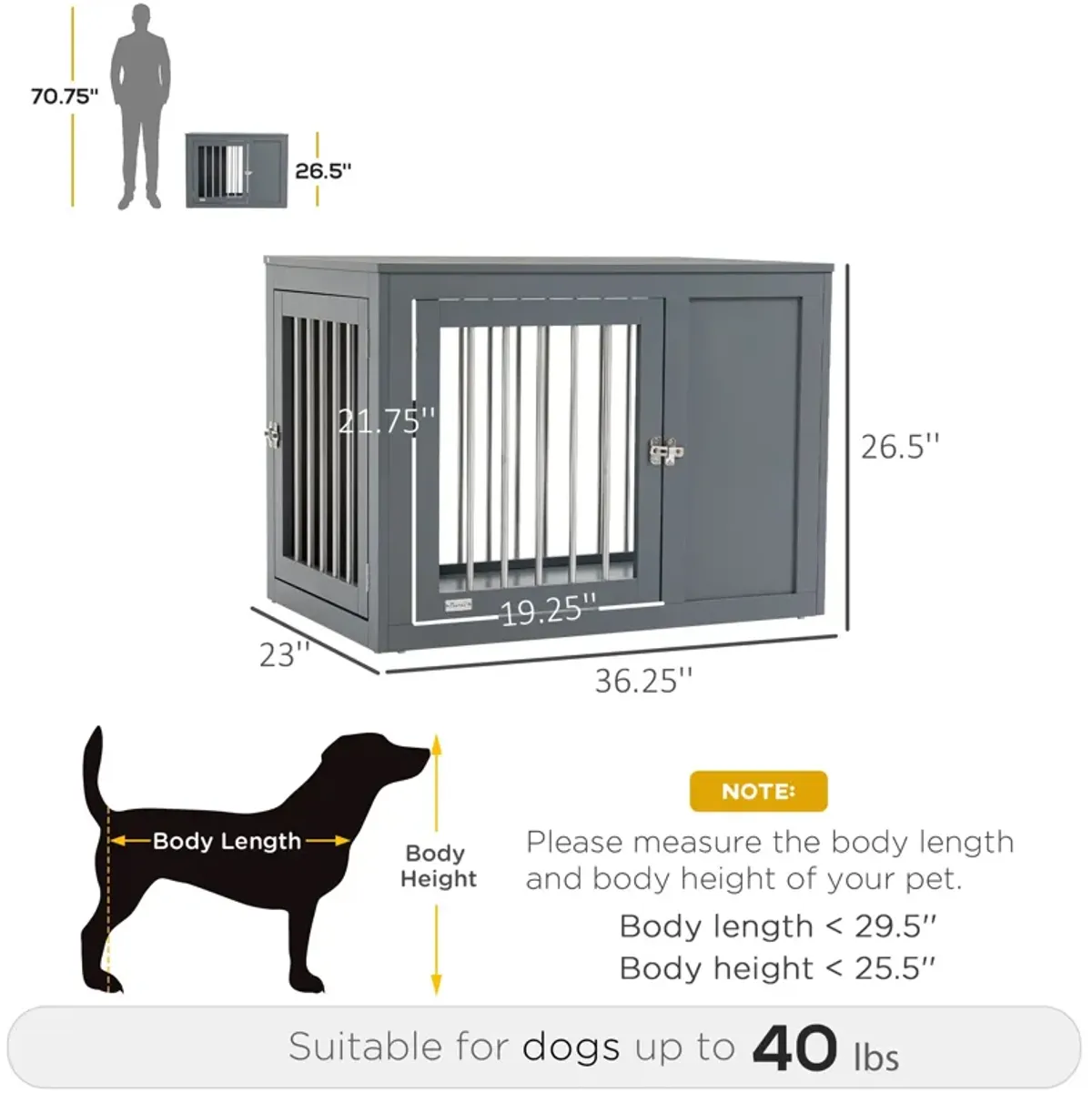 Gray Pet Furniture: Indoor Dog Crate End Table with Double Doors