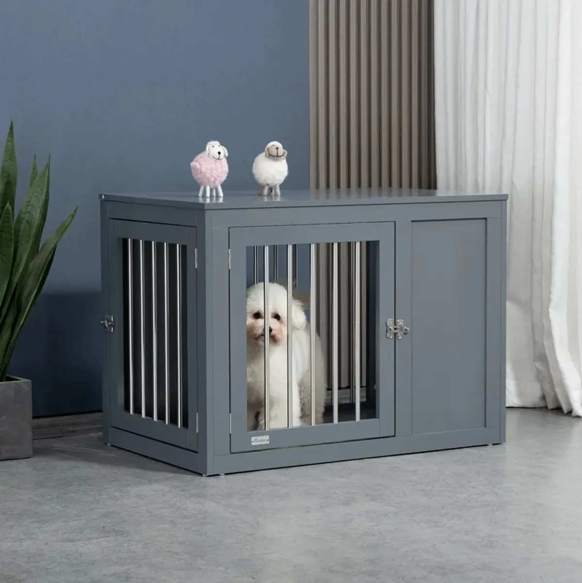 Gray Pet Furniture: Indoor Dog Crate End Table with Double Doors