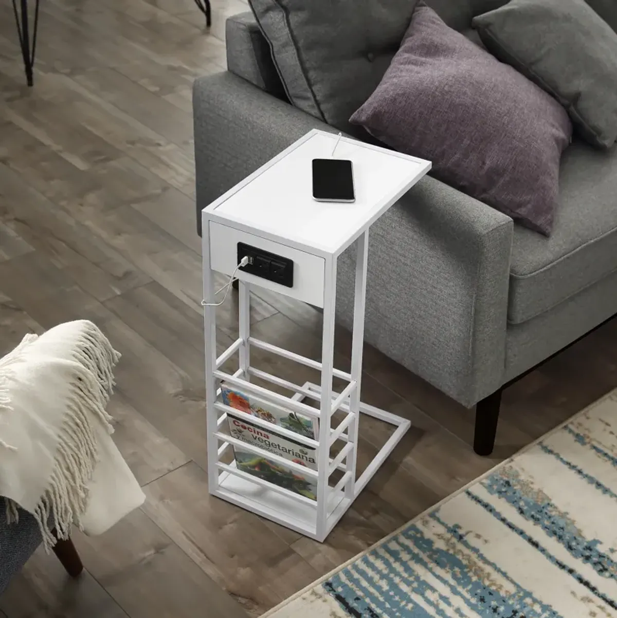 Loft Lyfe Billy White Base C-Table | Magazine Holder | USB Port & Wall Plug |