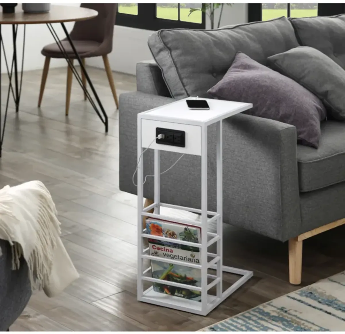 Loft Lyfe Billy White Base C-Table | Magazine Holder | USB Port & Wall Plug |