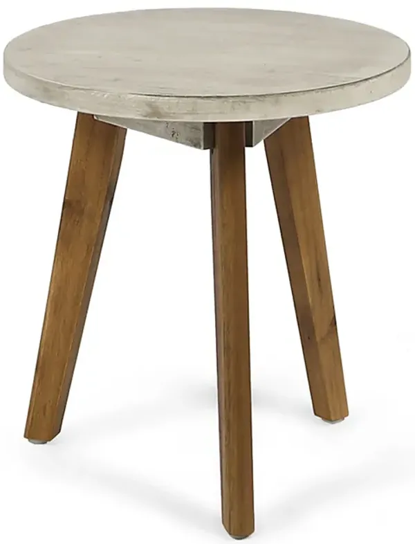 Ina Side End Table, Angled Legs, 16 Inch Round Gray Top, Acacia Wood - Benzara