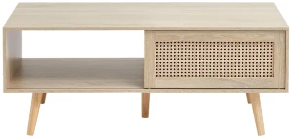 Mid Century Rattan Coffee Table with Two-Tier Storage for Living Room or Bedroom