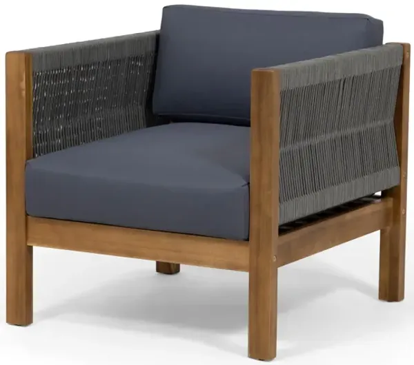 Club Lounge Chair, Woven Rattan Rope, Brown Acacia Wood, Gray Fabric - Benzara