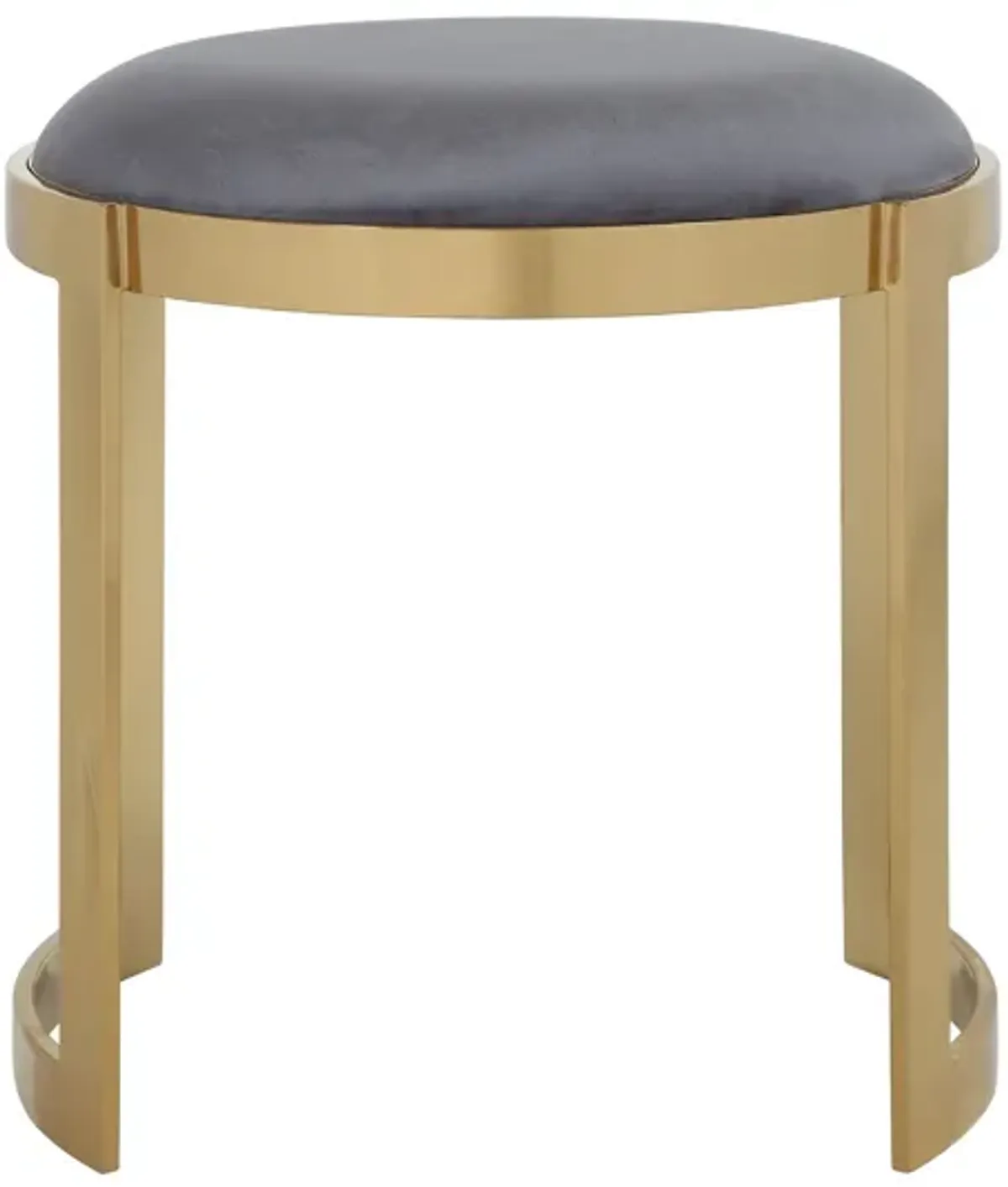 Niyo 19 Inch Accent Stool Ottoman, Round Cushioned Gray Velvet Seat, Gold - Benzara