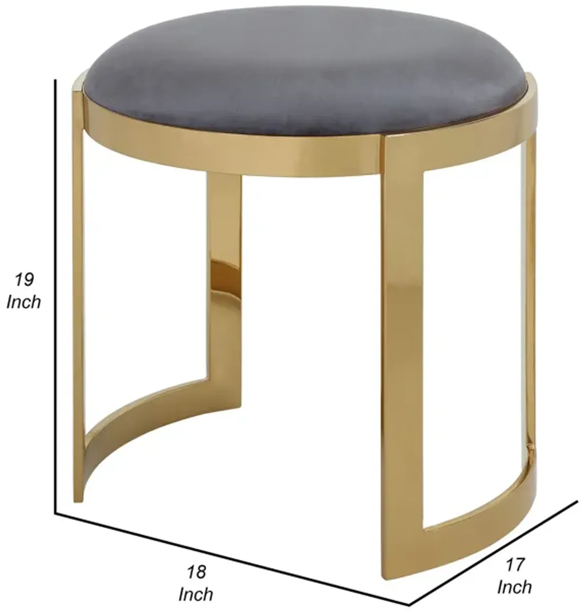 Niyo 19 Inch Accent Stool Ottoman, Round Cushioned Gray Velvet Seat, Gold - Benzara