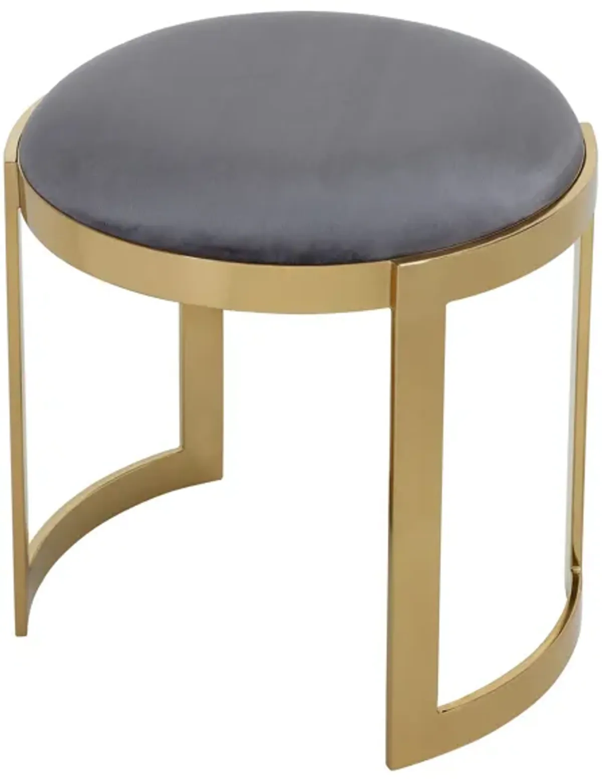 Niyo 19 Inch Accent Stool Ottoman, Round Cushioned Gray Velvet Seat, Gold - Benzara