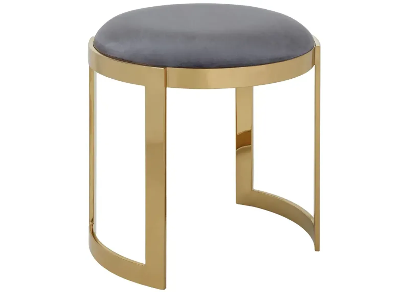 Niyo 19 Inch Accent Stool Ottoman, Round Cushioned Gray Velvet Seat, Gold - Benzara