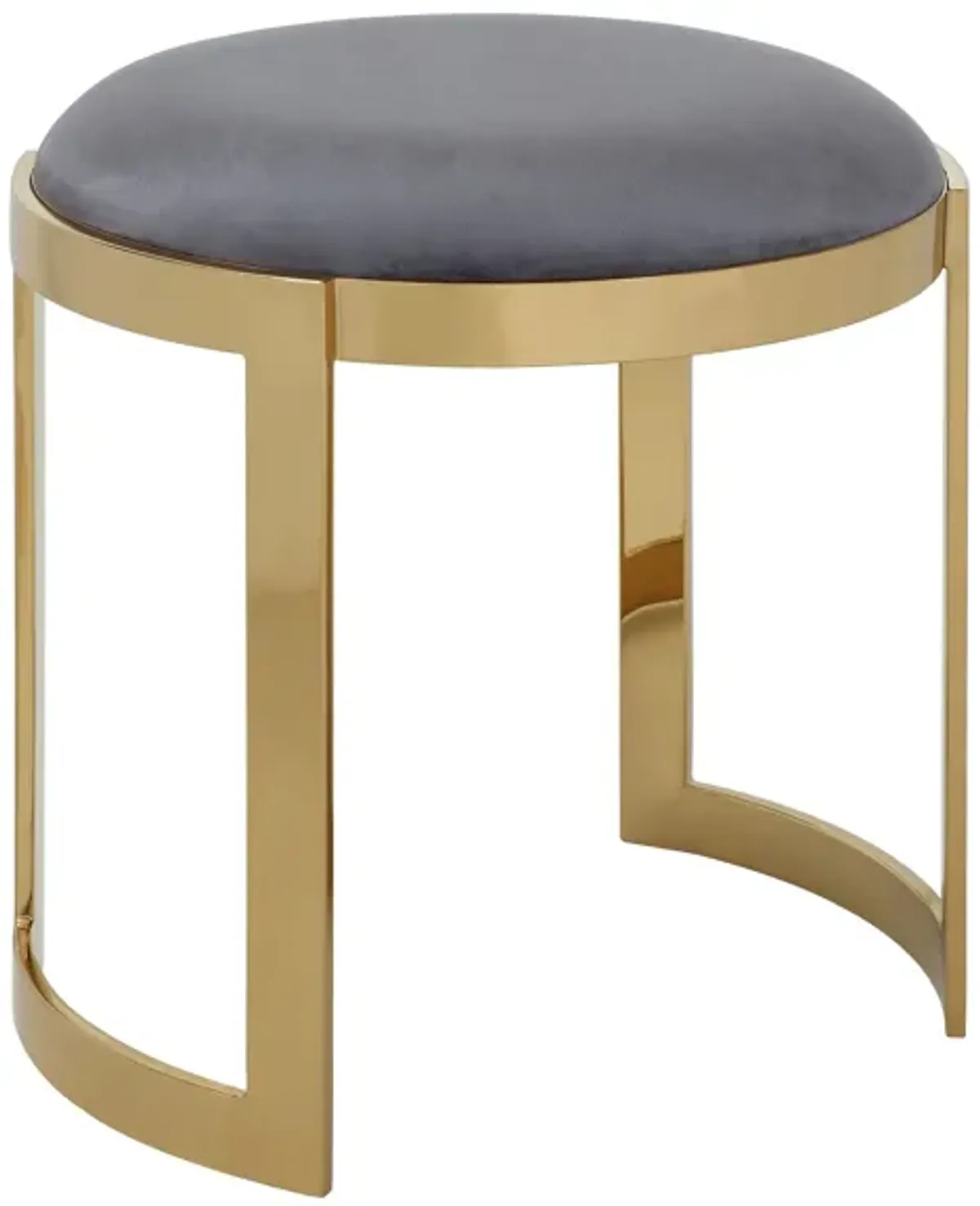 Niyo 19 Inch Accent Stool Ottoman, Round Cushioned Gray Velvet Seat, Gold - Benzara