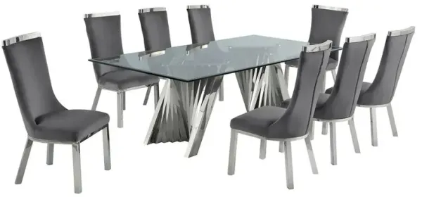 9pc dining set- Recatngle Glass table with silver color base and Dark Grey velvet chairs