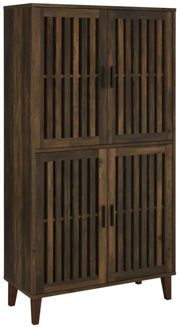 69 Inch Tall Accent Cabinet, Vertical Slatted Design, Brown and Black  - Benzara