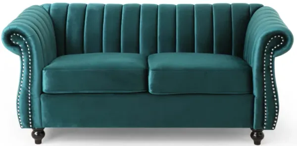 Faye 62 Inch Loveseat Sofa, Channel Stitched Teal Velvet w Nailhead Trim - Benzara