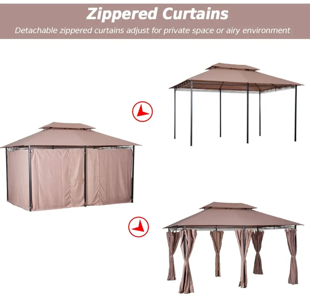 Khaki Outdoor Oasis: 10x13 Gazebo with Curtains & Vented Steel Frame