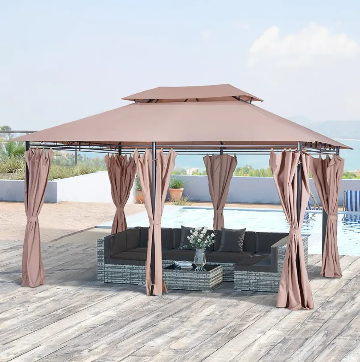 Khaki Outdoor Oasis: 10x13 Gazebo with Curtains & Vented Steel Frame