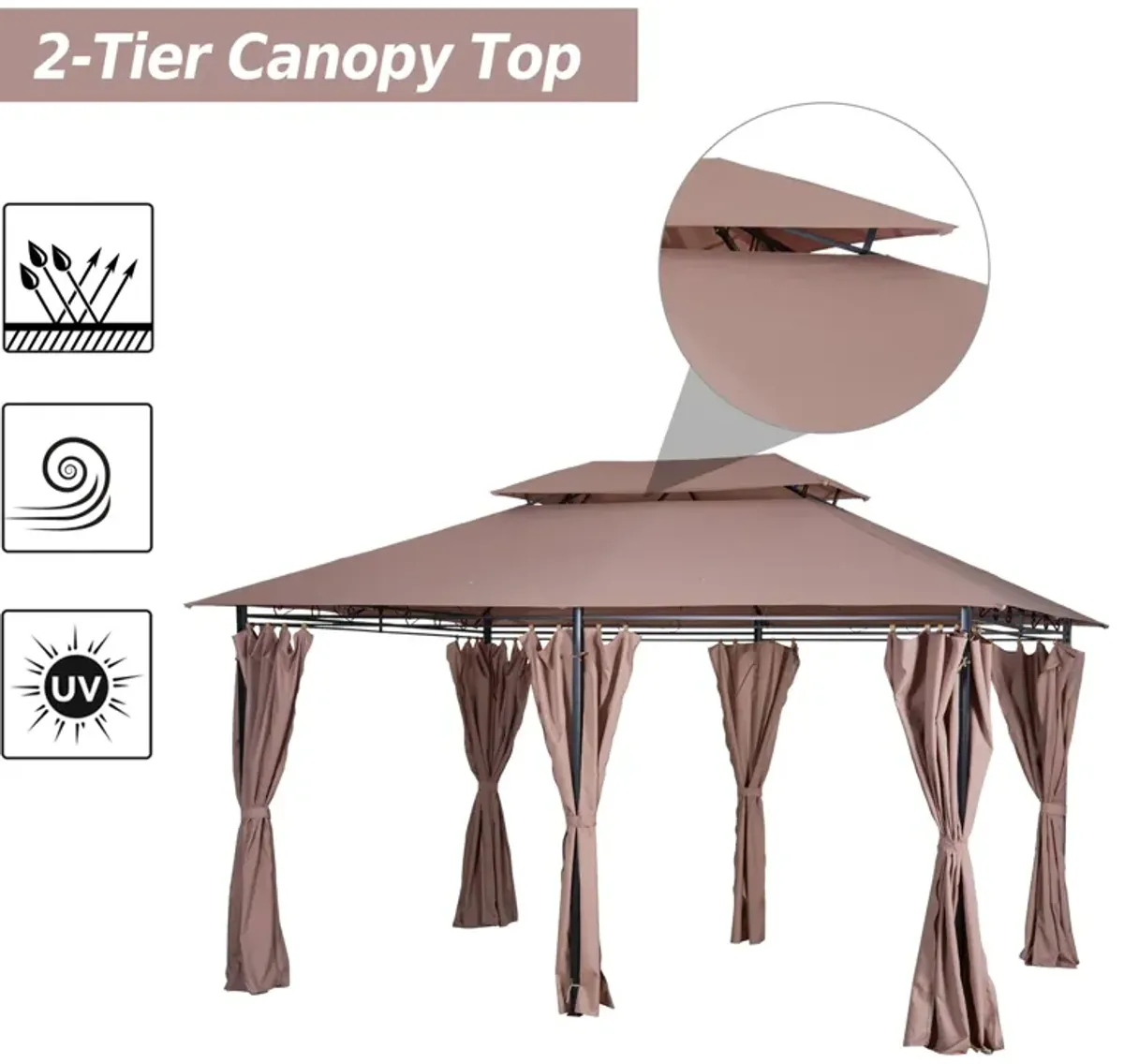 Khaki Outdoor Oasis: 10x13 Gazebo with Curtains & Vented Steel Frame