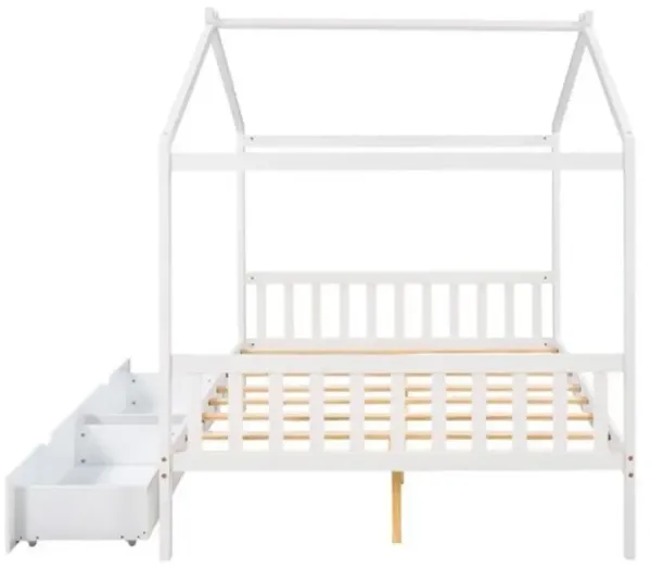 Wooden House Bed Frame with Roof Headboard Footboard and Storage Drawers