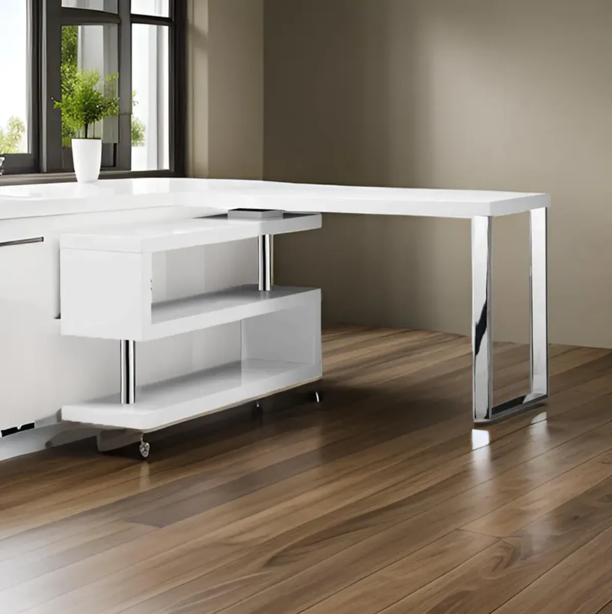 47 Inch Multi Position Desk, Adjustable L Shape, Lacquer White - Benzara