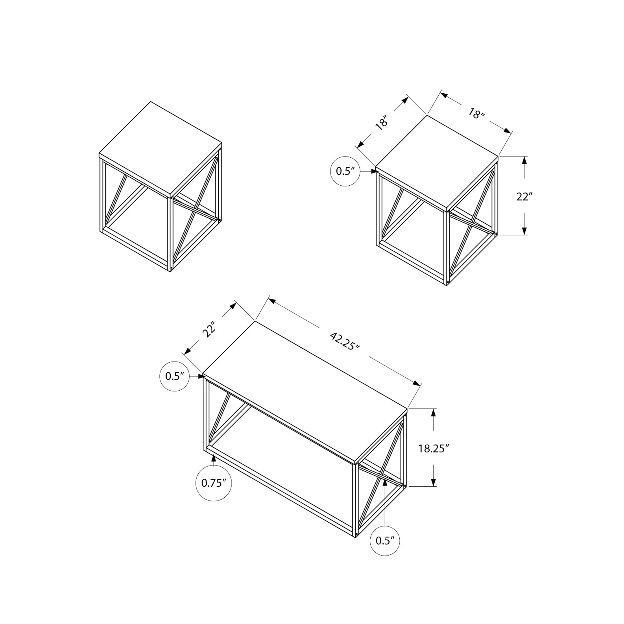 Monarch Specialties I 7950P Table Set, 3pcs Set, Coffee, End, Side, Accent, Living Room, Metal, Laminate, Brown, Black, Contemporary, Modern