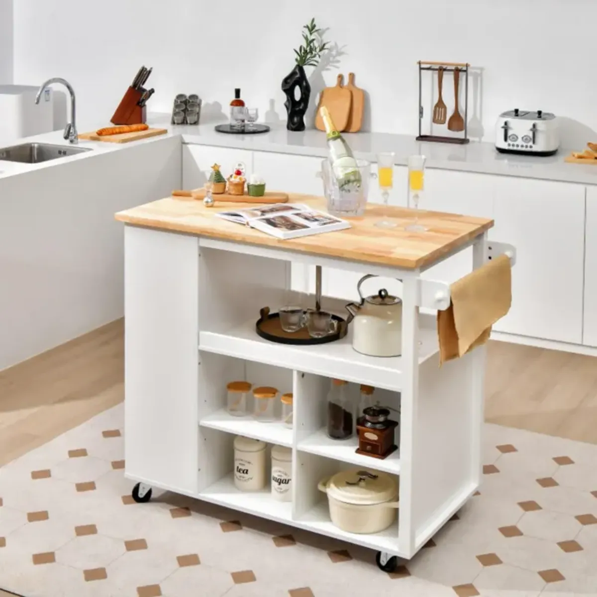 Hivvago Kitchen Island Trolley Cart on Wheels with Storage Open Shelves and Drawer-White