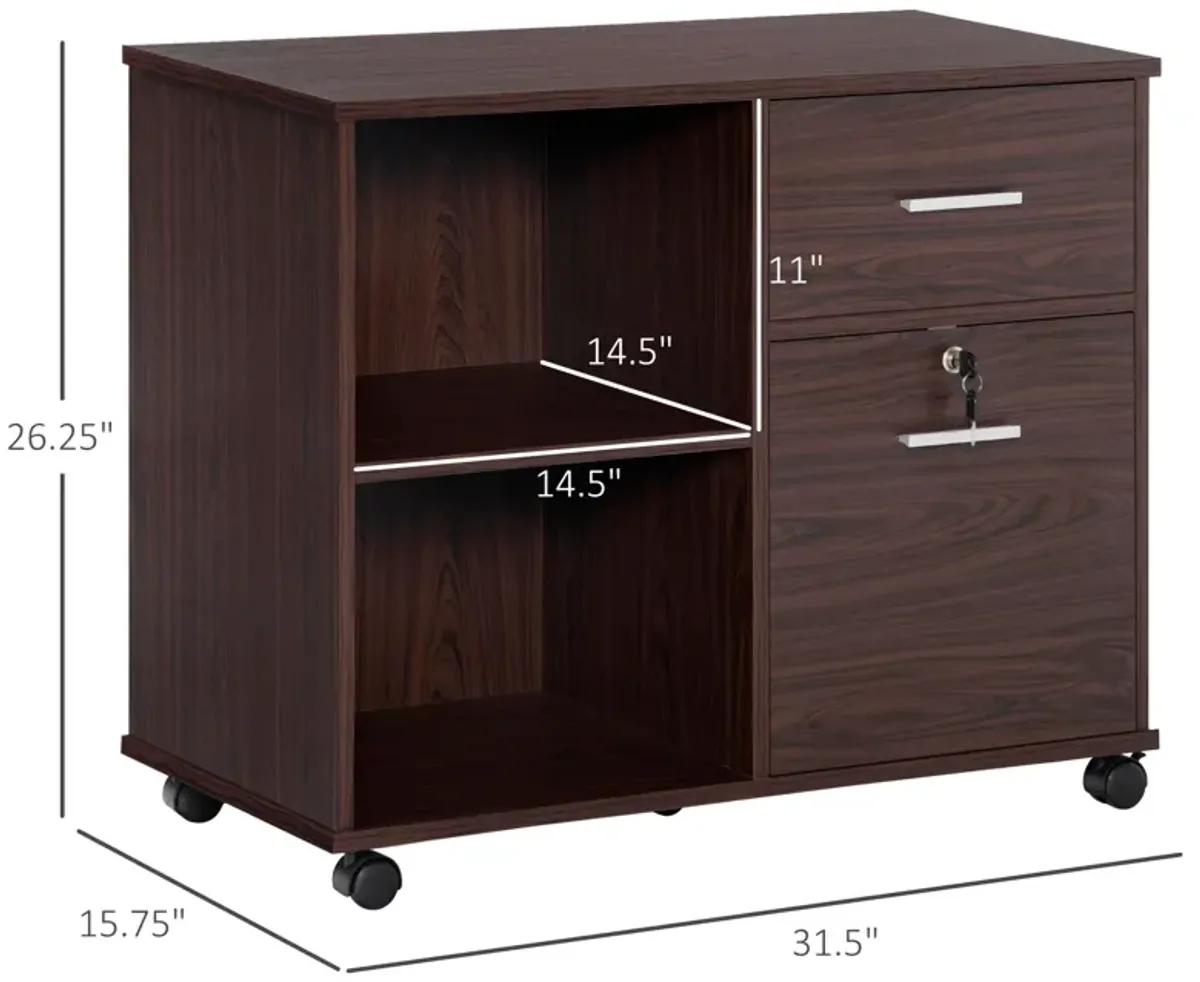 Walnut Mobile Storage: Lateral File Cabinet with Wheels & Open Shelves