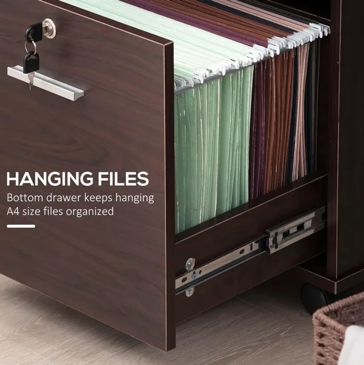 Walnut Mobile Storage: Lateral File Cabinet with Wheels & Open Shelves