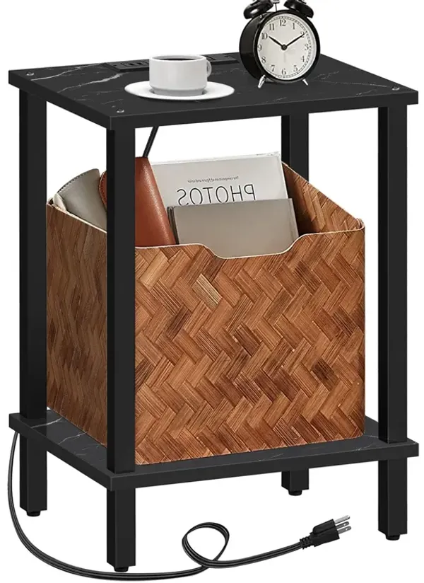 TUTOTAK End Table with Charging Station, Side Table with USB Ports and Outlets, Nightstand, 2-Tier Storage Shelf, Sofa Table for