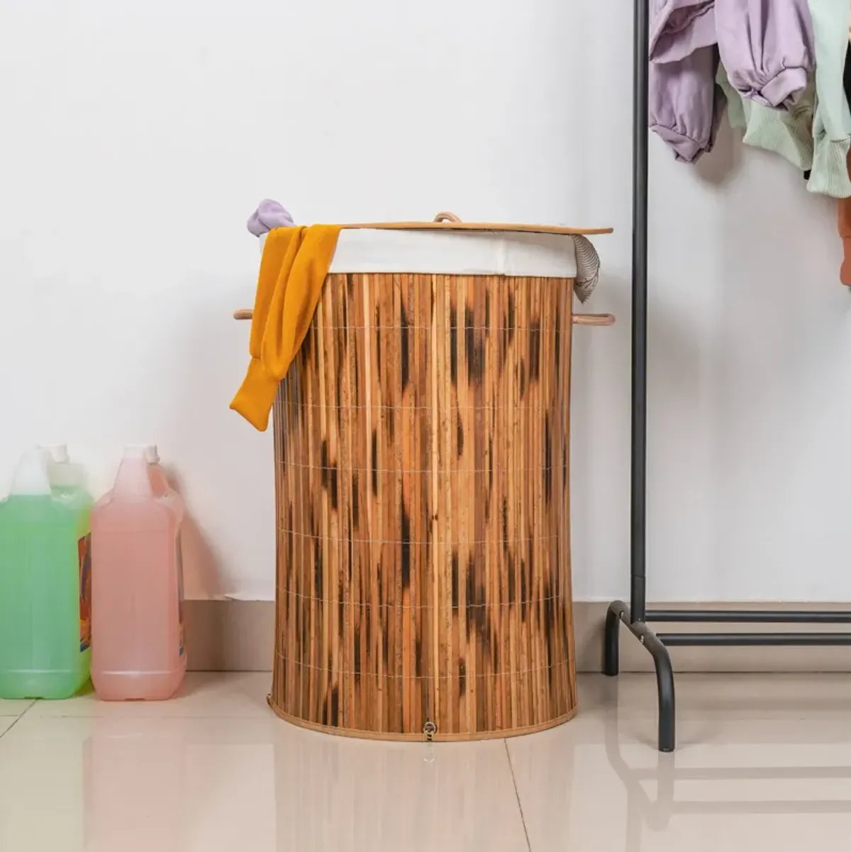 Round Bamboo Collapsible Waterproof Laundry Hamper with Lid and Handles for Organizer, Clothes, Toy Durable Folder Washing Bin for Easy Carrying