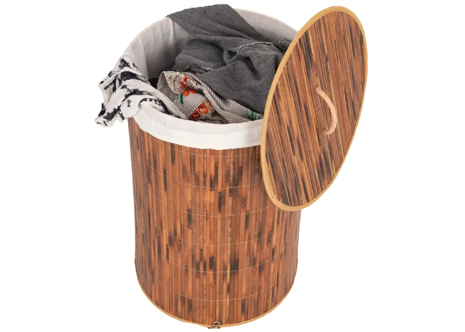 Round Bamboo Collapsible Waterproof Laundry Hamper with Lid and Handles for Organizer, Clothes, Toy Durable Folder Washing Bin for Easy Carrying