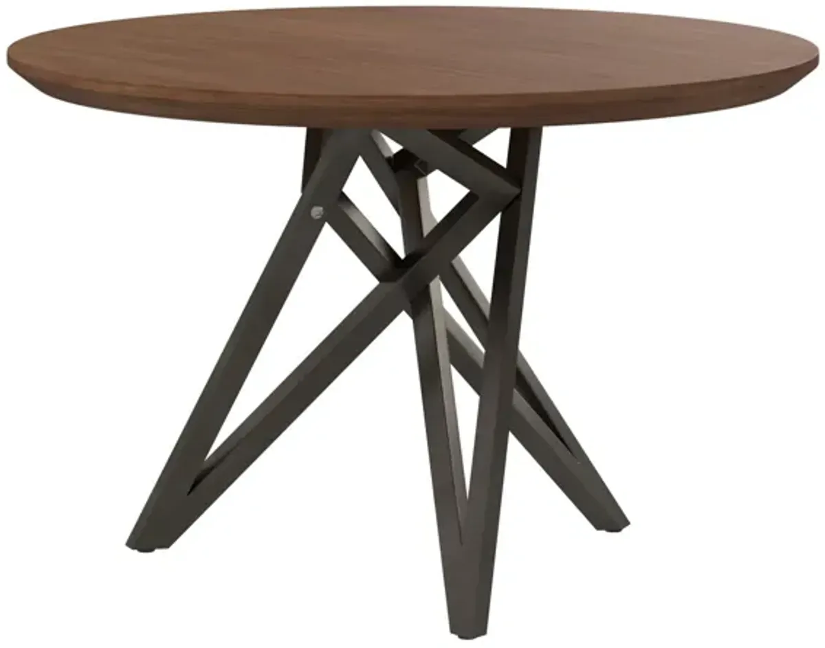 Kimya 47 Inch Dining Table, Round Wood Top, Angled Steel Legs, Brown, Black - Benzara