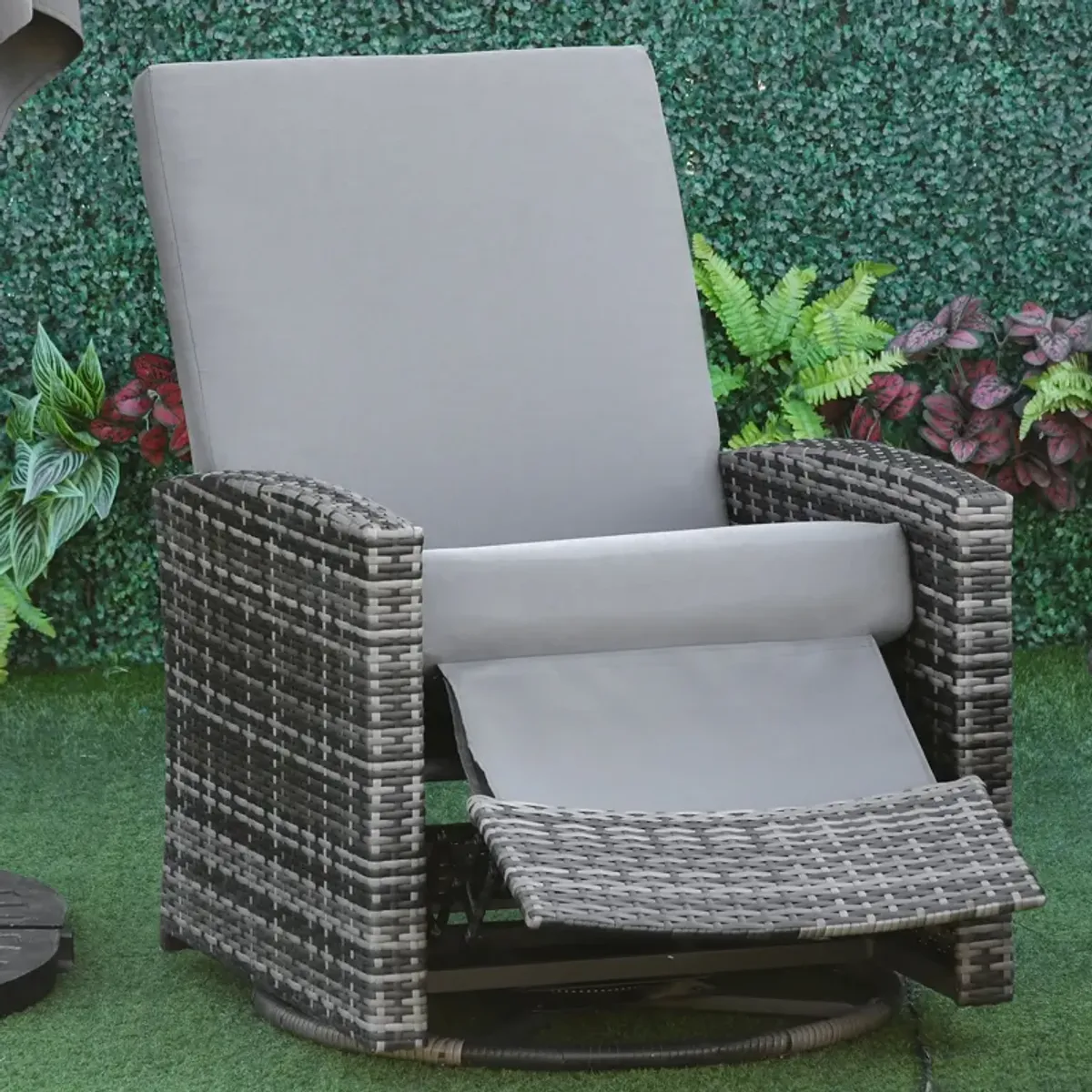 Grey Outdoor Relaxer: Patio Wicker Recliner Swivel Chair with Footrest