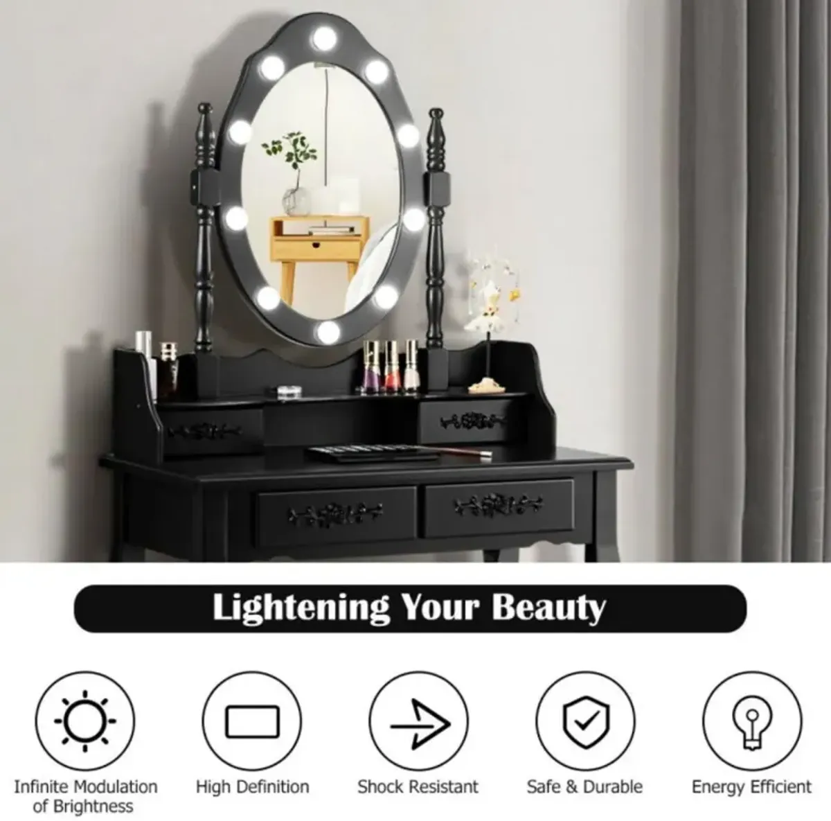 Hivvago Makeup Vanity Dressing Table Set with Dimmable Bulbs Cushioned Stool