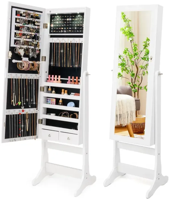 Lockable Freestanding Jewelry Cabinet Armoire with Mirror and LED Lights