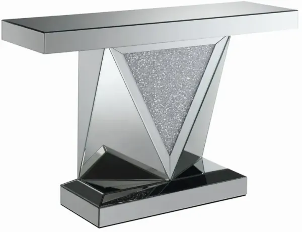 Amore Rectangular Sofa Table with Triangle Detailing Silver and Clear Mirror