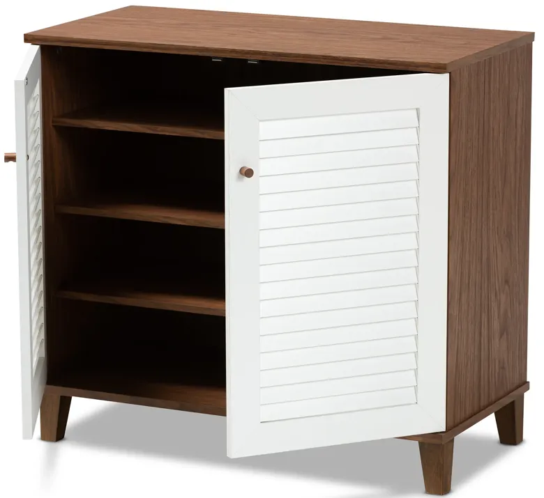 Baxton Studio Coolidge Modern and Contemporary White and Walnut Finished 4-Shelf Wood Shoe Storage Cabinet