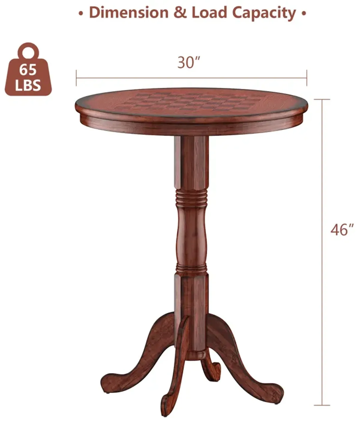 42 Inch Wooden Round Pub Pedestal Side Table with Chessboard