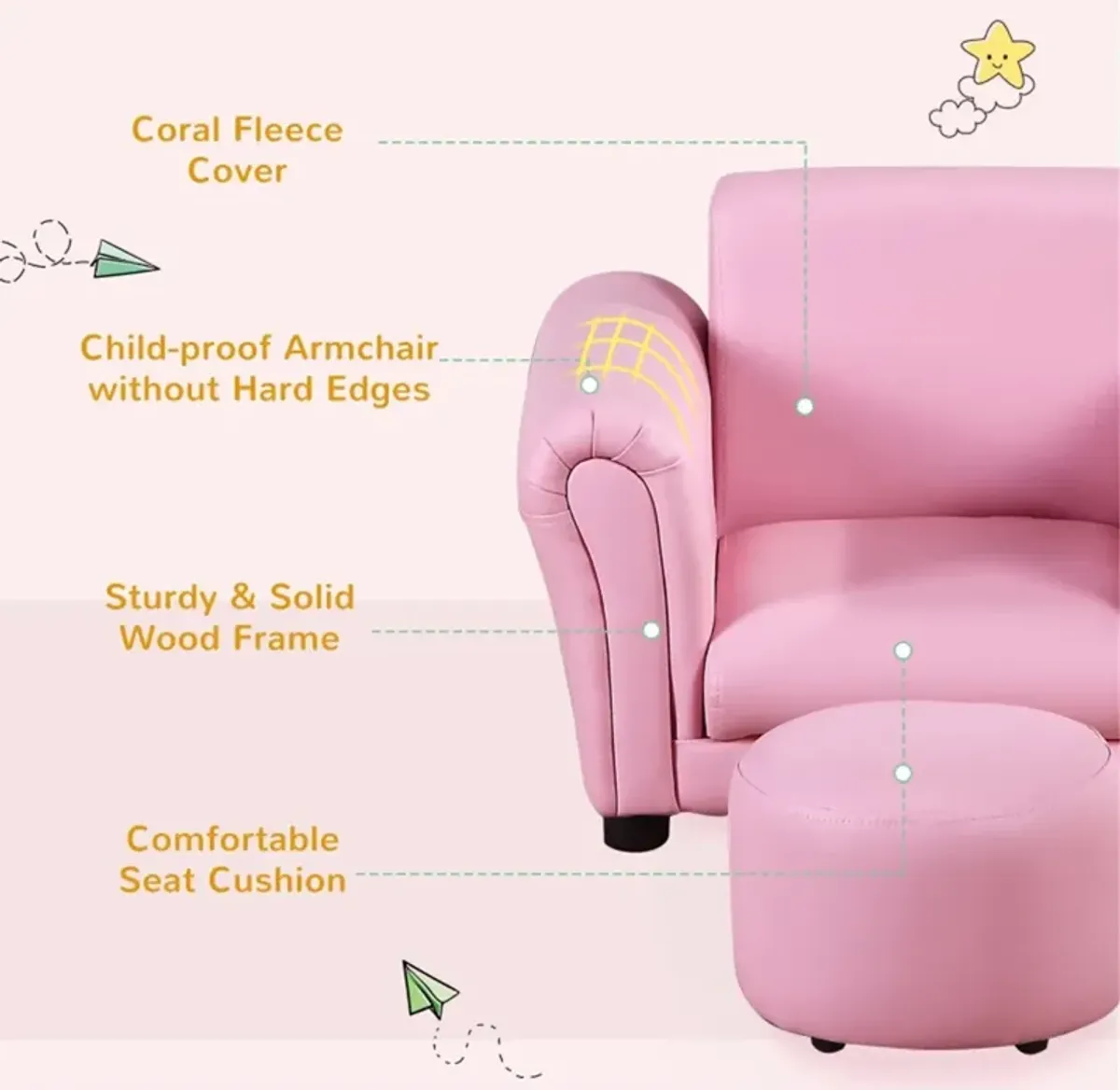 Kids' Sofa Set with Footstool Cozy Upholstered Couch & Ottoman for Playroom, Bedroom & Living Room