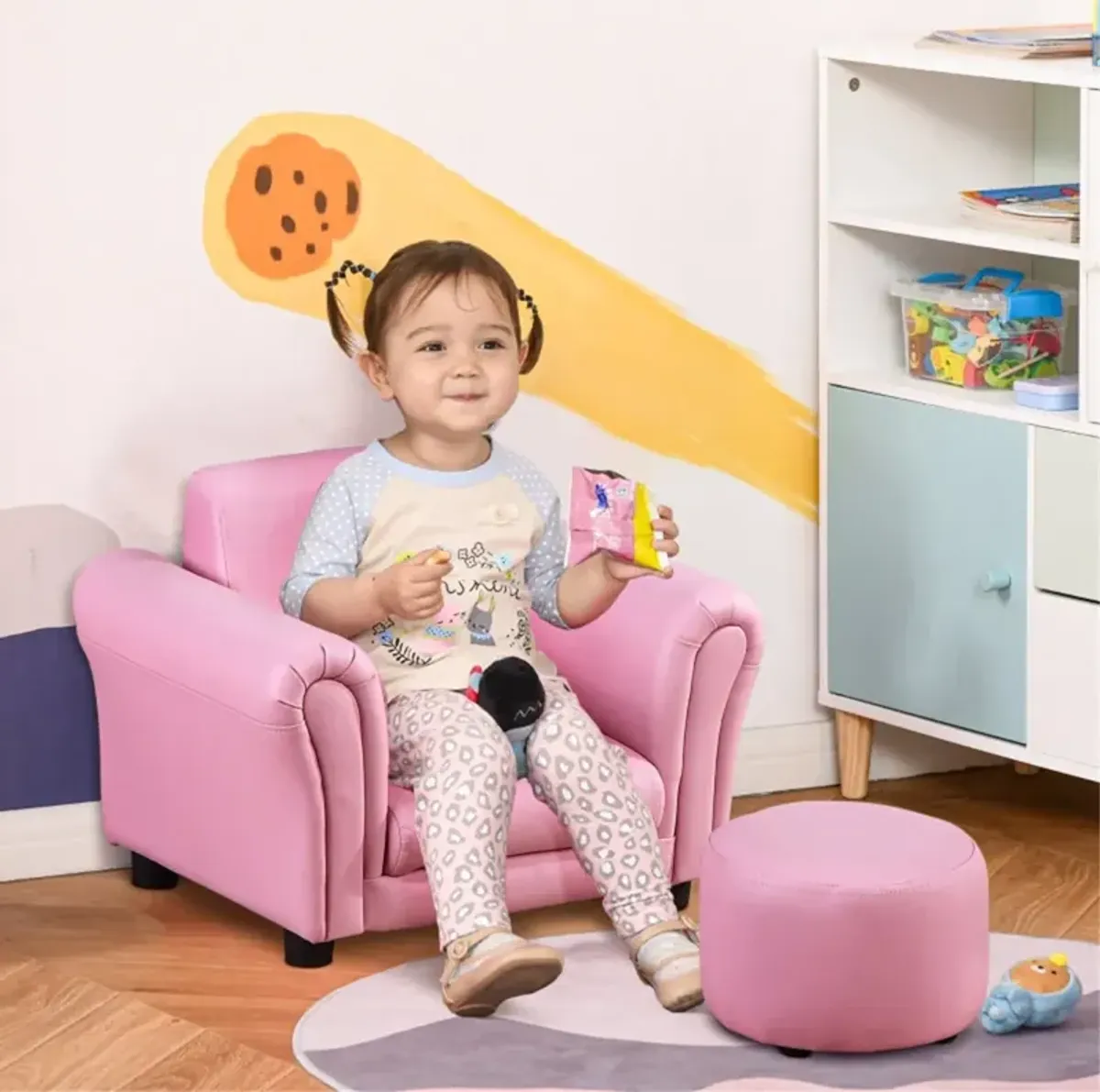 Kids' Sofa Set with Footstool Cozy Upholstered Couch & Ottoman for Playroom, Bedroom & Living Room