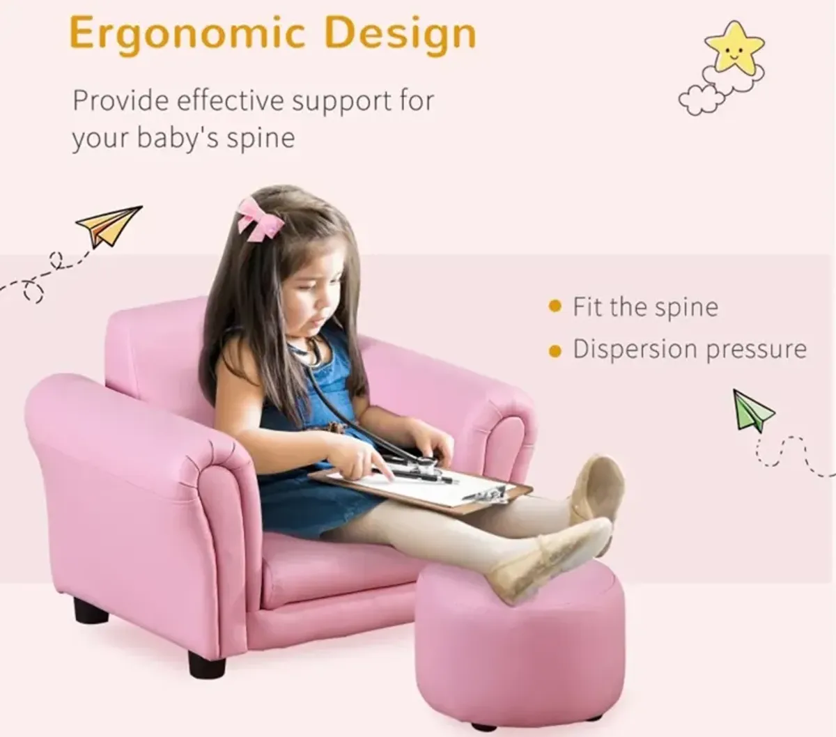 Kids' Sofa Set with Footstool Cozy Upholstered Couch & Ottoman for Playroom, Bedroom & Living Room