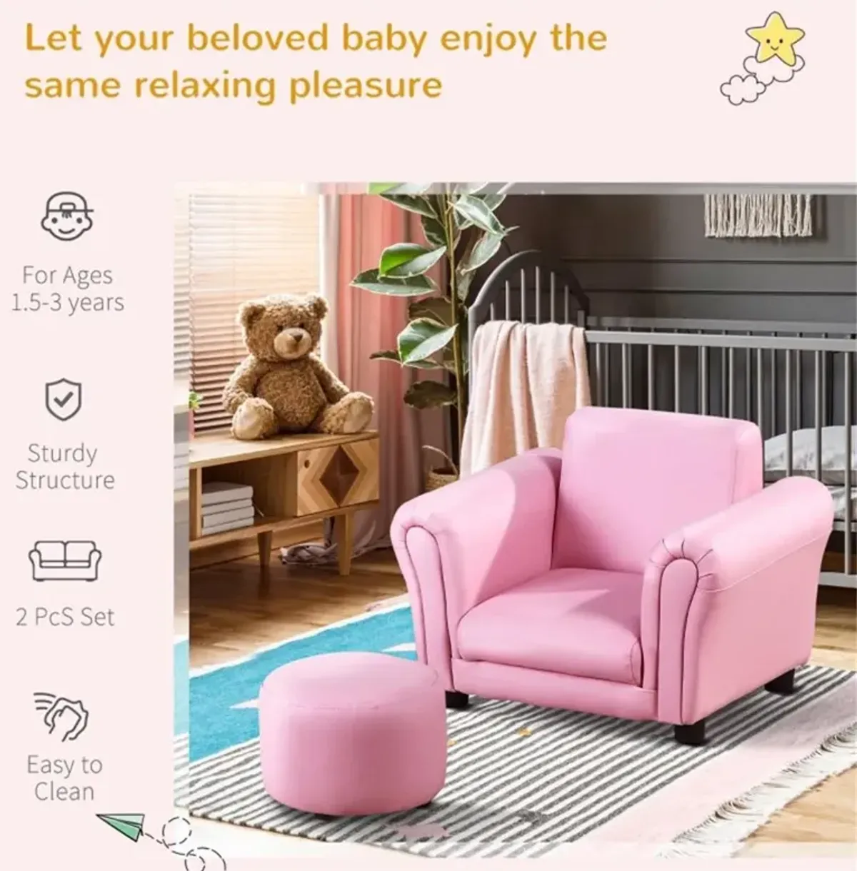 Kids' Sofa Set with Footstool Cozy Upholstered Couch & Ottoman for Playroom, Bedroom & Living Room