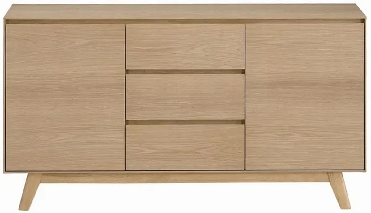 Semi Sideboard Buffet Console, 3 Drawers, 2 Cabinets, Oak Brown Wood - Benzara