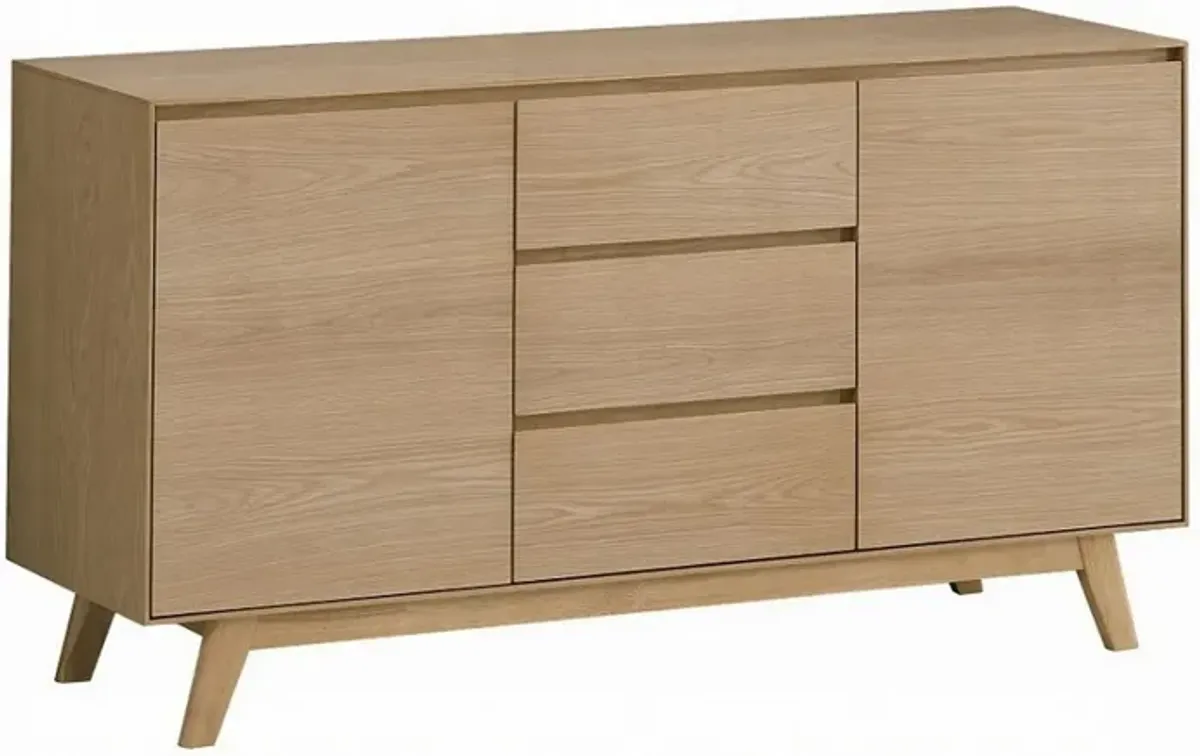 Semi Sideboard Buffet Console, 3 Drawers, 2 Cabinets, Oak Brown Wood - Benzara